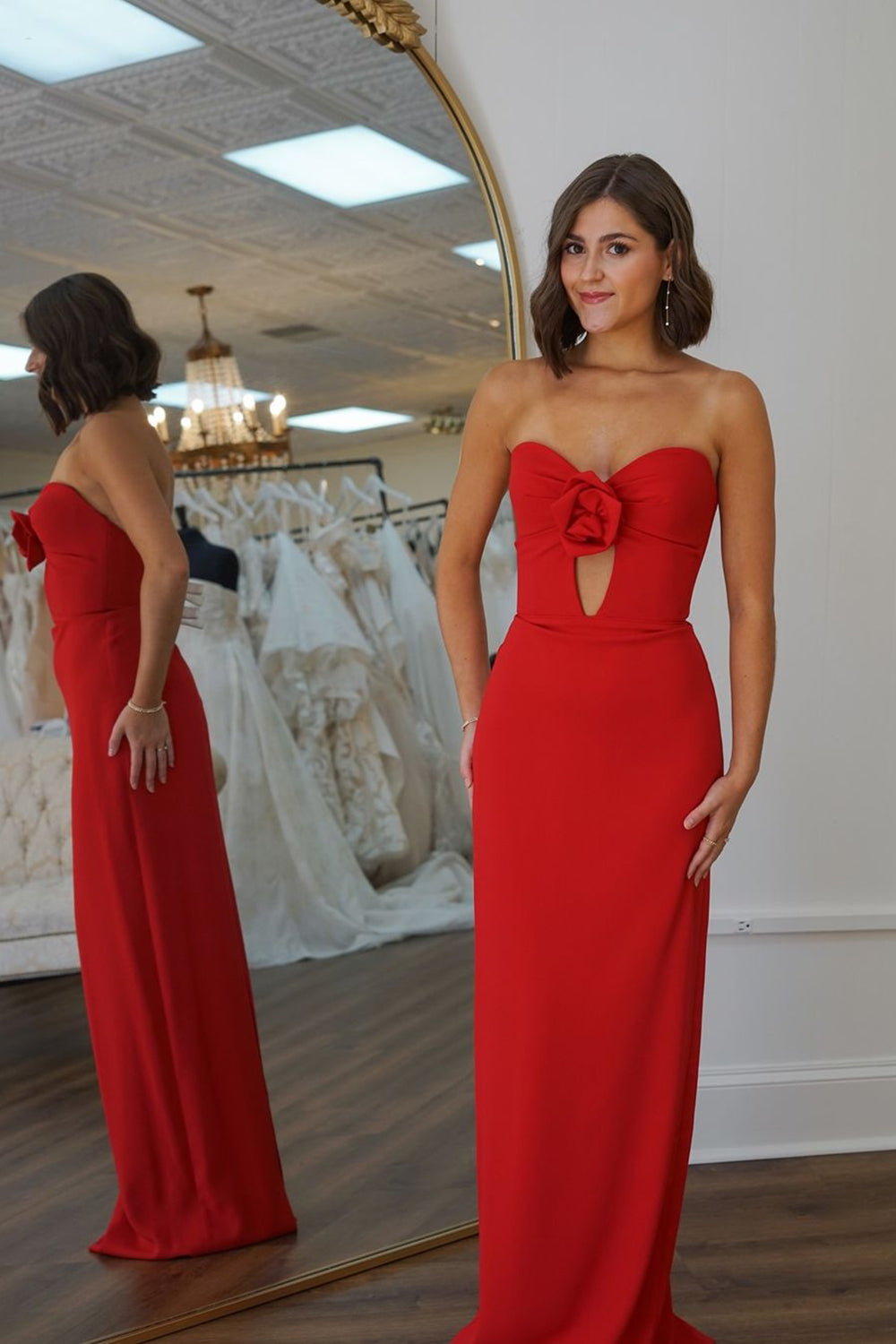 Red Mermaid Strapless Flower Hollow Out Satin Long Prom Dress