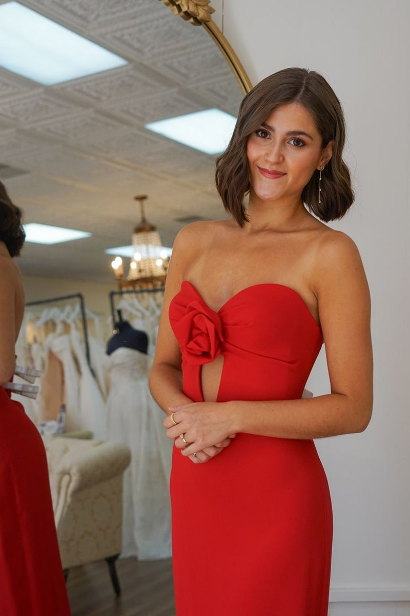 Load image into Gallery viewer, Red Mermaid Strapless Flower Hollow Out Satin Long Prom Dress