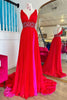 Load image into Gallery viewer, Sparkly Red A-Line Beaded Empire V Neck Long Prom Dress with Slit