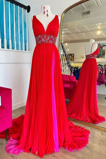 Sparkly Red A-Line Beaded Empire V Neck Long Prom Dress with Slit