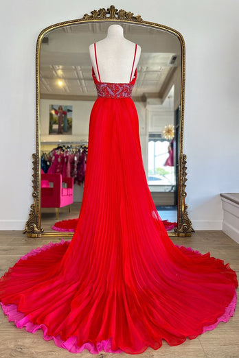 Sparkly Red A-Line Beaded Empire V Neck Long Prom Dress with Slit