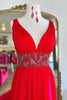 Load image into Gallery viewer, Sparkly Red A-Line Beaded Empire V Neck Long Prom Dress with Slit