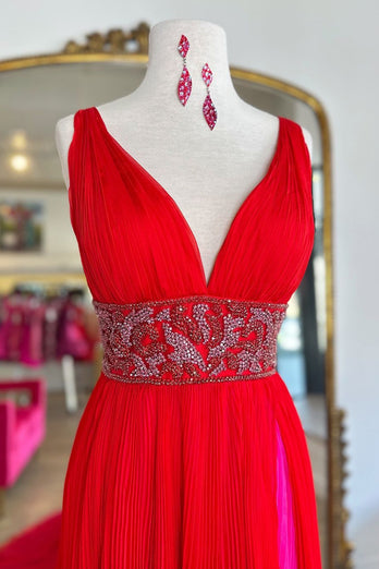 Sparkly Red A-Line Beaded Empire V Neck Long Prom Dress with Slit