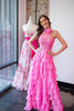 Load image into Gallery viewer, Sparkly Hot Pink A-Line Halter Flower Appliques Tiered Long Prom Dress with Slit