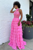 Load image into Gallery viewer, Sparkly Hot Pink A-Line Halter Flower Tiered Appliques Long Prom Dress with Slit