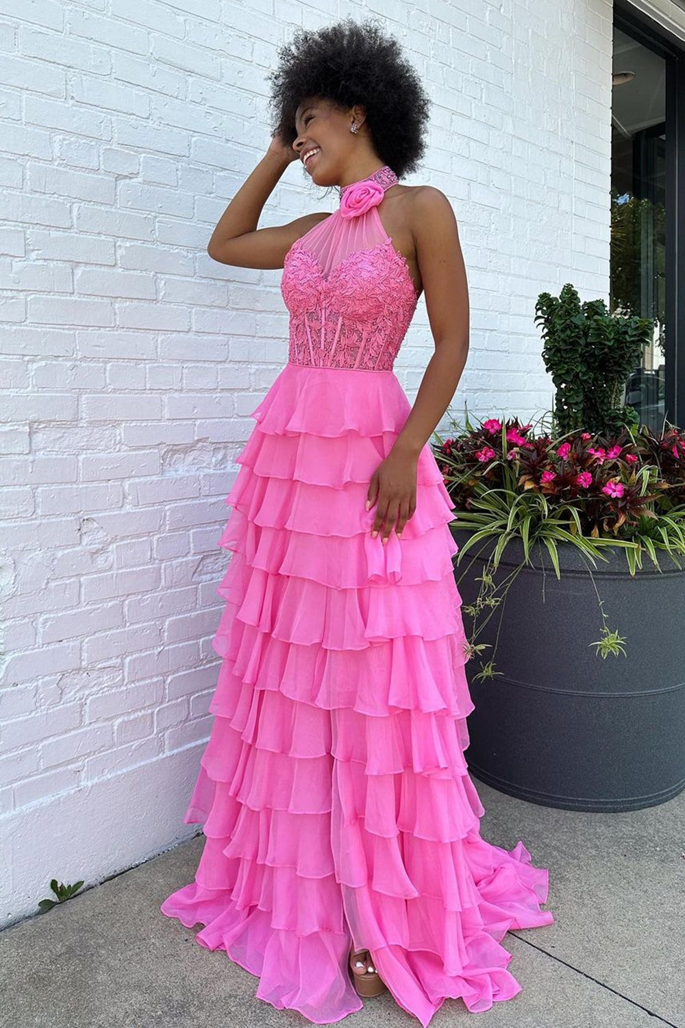 Sparkly Hot Pink A-Line Halter Flower Tiered Appliques Long Prom Dress with Slit