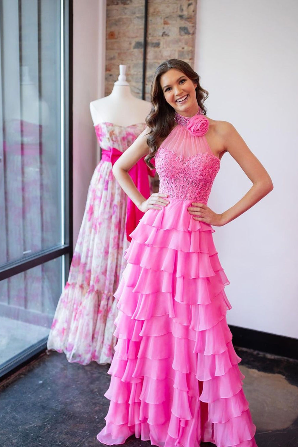 Sparkly Hot Pink A-Line Halter Flower Appliques Tiered Long Prom Dress with Slit