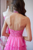 Load image into Gallery viewer, Sparkly Hot Pink A-Line Halter Flower Appliques Tiered Long Prom Dress with Slit