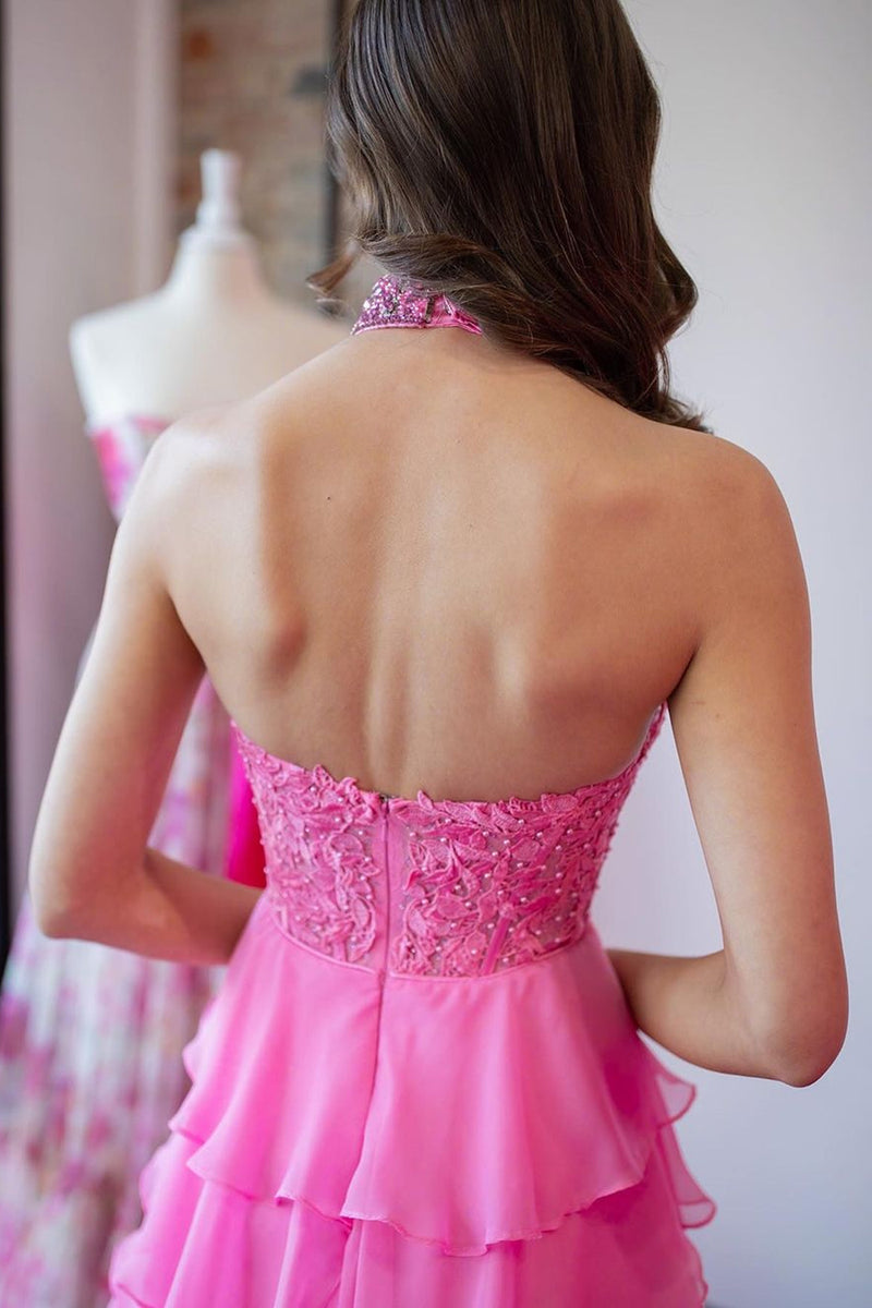 Load image into Gallery viewer, Sparkly Hot Pink A-Line Halter Flower Appliques Tiered Long Prom Dress with Slit