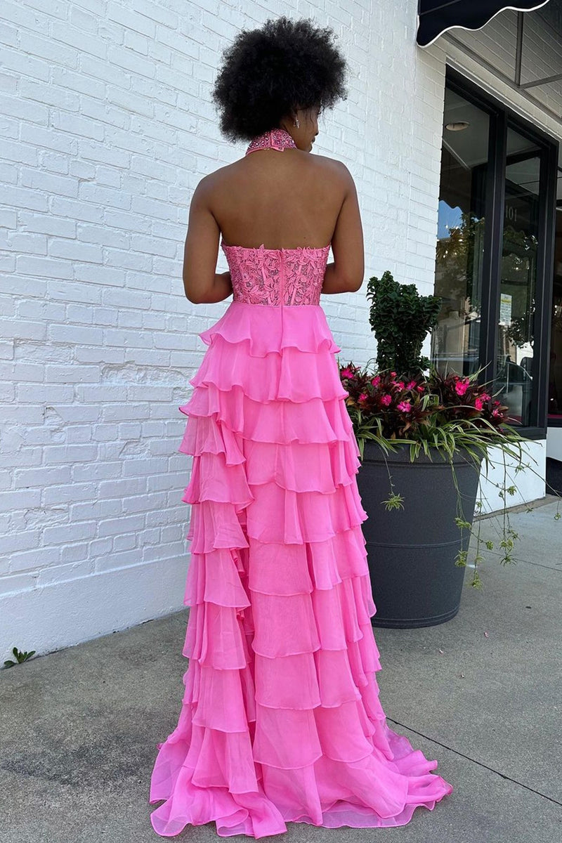 Load image into Gallery viewer, Sparkly Hot Pink A-Line Halter Flower Tiered Appliques Long Prom Dress with Slit