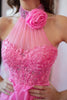 Load image into Gallery viewer, Sparkly Hot Pink A-Line Halter Flower Appliques Tiered Long Prom Dress with Slit