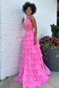 Load image into Gallery viewer, Sparkly Hot Pink A-Line Halter Flower Tiered Appliques Long Prom Dress with Slit