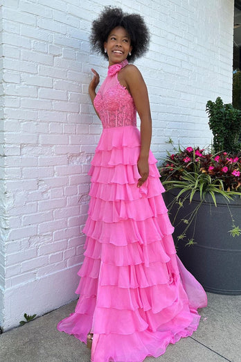 Sparkly Hot Pink A-Line Halter Flower Tiered Appliques Long Prom Dress with Slit