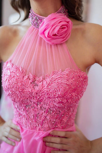 Sparkly Hot Pink A-Line Halter Flower Appliques Tiered Long Prom Dress with Slit