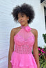 Load image into Gallery viewer, Sparkly Hot Pink A-Line Halter Flower Tiered Appliques Long Prom Dress with Slit