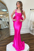 Load image into Gallery viewer, Fuchsia Mermaid Corset Spaghetti Straps Satin Long Prom Dress with Bow