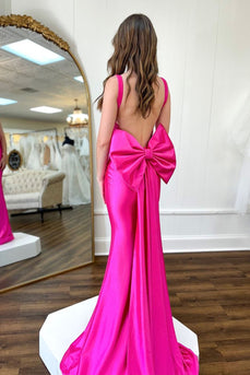 Fuchsia Mermaid Corset Spaghetti Straps Satin Long Prom Dress with Bow