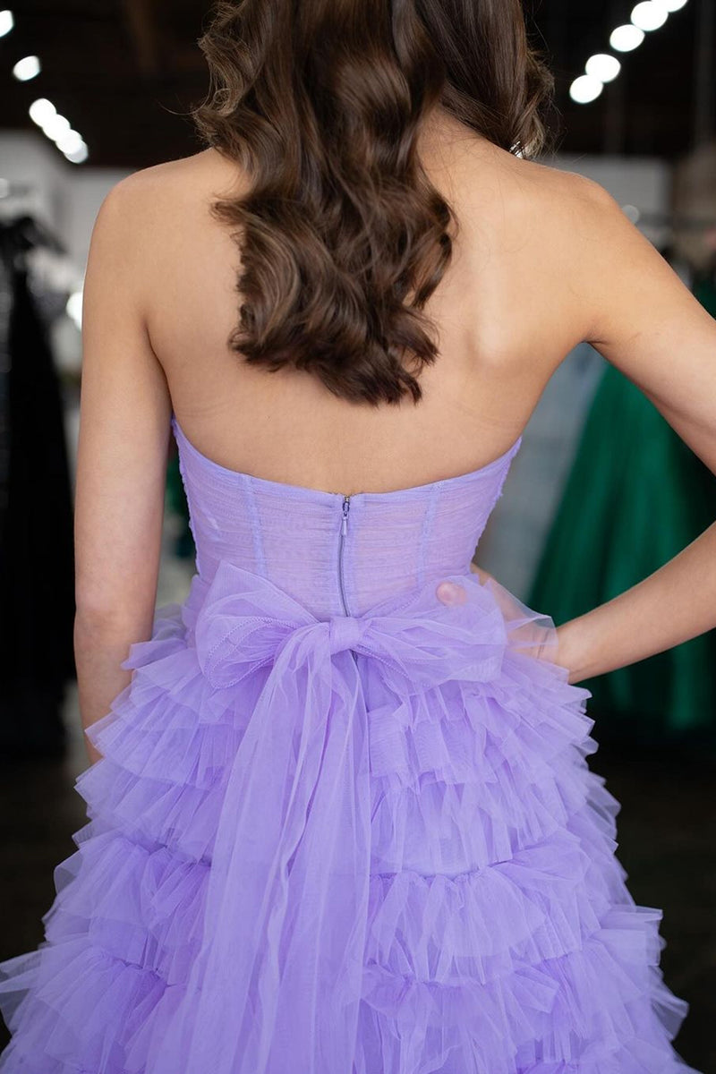 Load image into Gallery viewer, Lilac A-Line Strapless Tiered Tulle Long Prom Dress with Slit