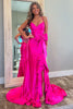 Load image into Gallery viewer, Hot Pink Mermaid Spaghetti Straps Corset Ruffle Bow Satin Long Prom Dress with Slit