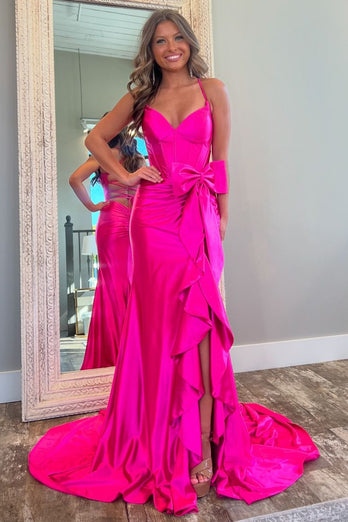 Hot Pink Mermaid Spaghetti Straps Corset Ruffle Bow Satin Long Prom Dress with Slit