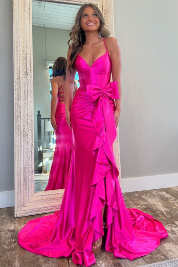 Hot Pink Mermaid Spaghetti Straps Corset Ruffle Bow Satin Long Prom Dress with Slit