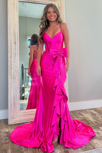 Hot Pink Mermaid Spaghetti Straps Corset Ruffle Bow Satin Long Prom Dress with Slit