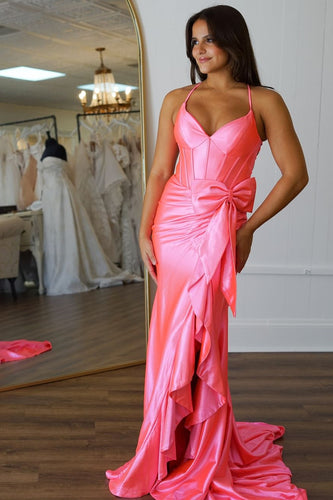 Hot Pink Mermaid Spaghetti Straps Corset Ruffle Bow Satin Long Prom Dress with Slit