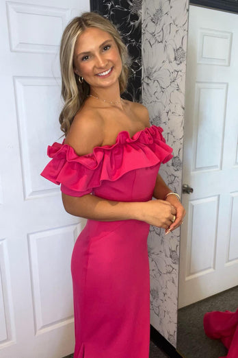 Fuchsia Mermaid Ruffle Off the Shoulder Long Prom Dress