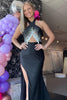 Load image into Gallery viewer, Sparkly Black Mermaid Halter Beaded Tassels Satin Long Prom Dress with Slit