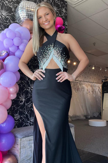 Sparkly Black Mermaid Halter Beaded Tassels Satin Long Prom Dress with Slit