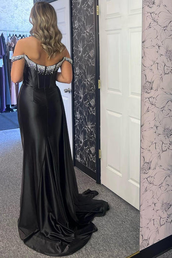 Sparkly Black Mermaid Off the Shoulder Beaded Corset Satin Long Prom Dress