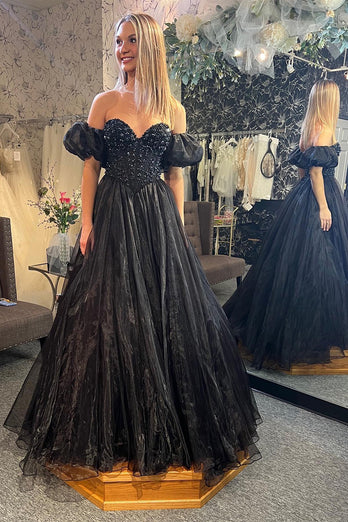 Sparkly Black A-Line Off the Shoulder Beaded Corset Tulle Long Prom Dress