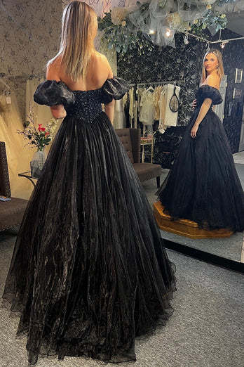 Sparkly Black A-Line Off the Shoulder Beaded Corset Tulle Long Prom Dress