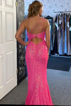 Sparkly Fuchsia Mermaid One Shoulder Sequins Long Prom Dress with Slit