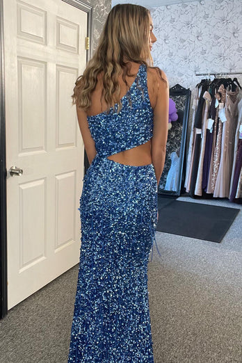 Sparkly Sky Blue Mermaid One Shoulder Sequins Long Prom Dress with Slit