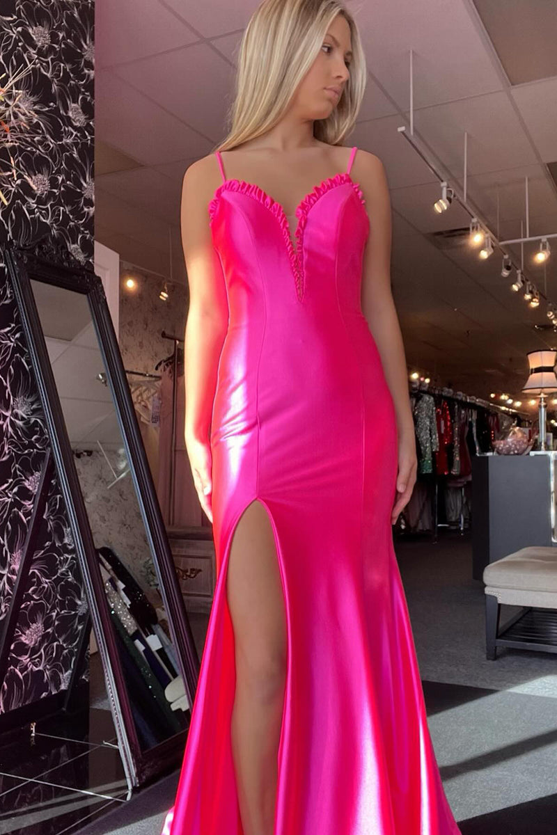 Load image into Gallery viewer, Fuchsia Mermaid Spaghetti Straps Ruffle Satin Long Prom Dress with Slit