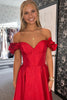 Load image into Gallery viewer, Red A-Line Flowers Off the Shoulder Corset Satin Long Prom Dress with Slit