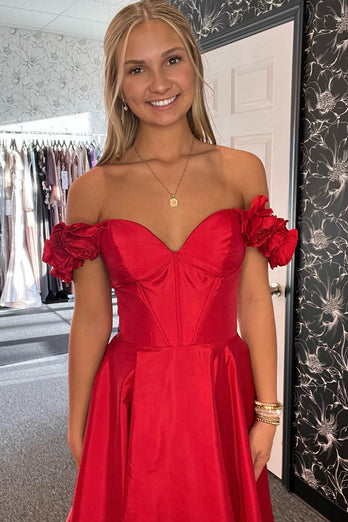 Red A-Line Flowers Off the Shoulder Corset Satin Long Prom Dress with Slit