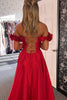 Load image into Gallery viewer, Red A-Line Flowers Off the Shoulder Corset Satin Long Prom Dress with Slit