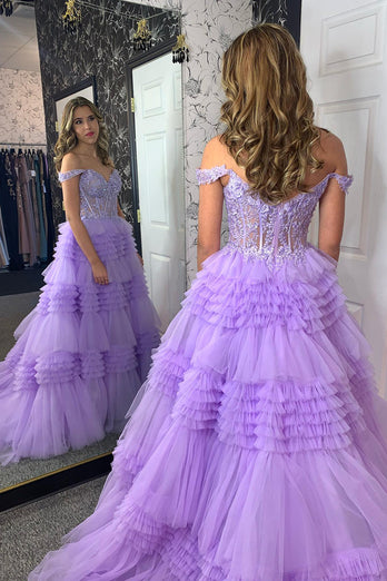 Sparkly Lilac A-Line Off the Shoulder Ruffles Corset Long Prom Dress with Appliques