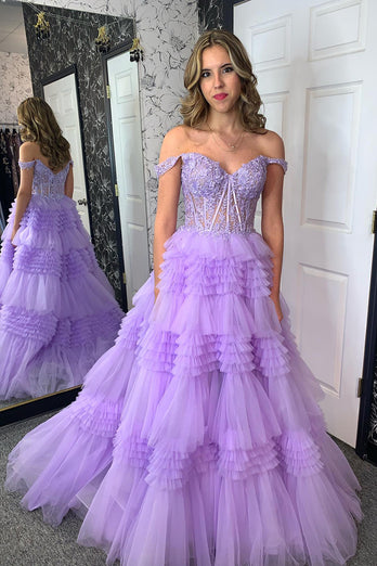 Sparkly Lilac A-Line Off the Shoulder Ruffles Corset Long Prom Dress with Appliques