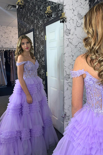 Sparkly Lilac A-Line Off the Shoulder Ruffles Corset Long Prom Dress with Appliques