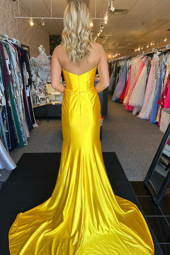 Sparkly Yellow Mermaid Strapless Ruched Satin Long Prom Dress with Bow