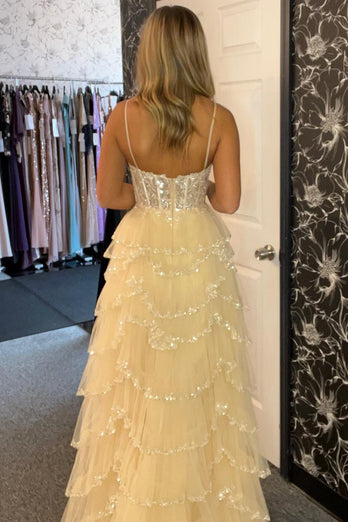 Beige Sparkly Corset Tiered Long Prom Dress with Slit