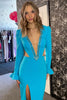 Load image into Gallery viewer, Sparkly Blue V-Neck Long Beaded Prom Dress with Sleeves