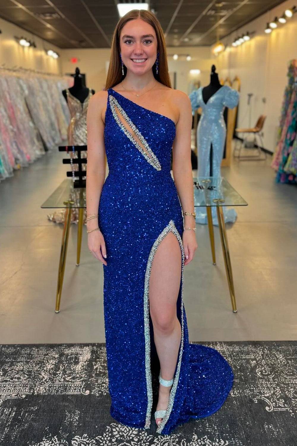 Sparkly Royal Blue One Shoulder Keyhole Long Prom Dress with Slit