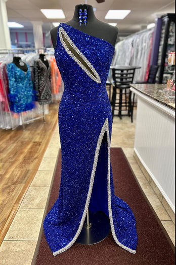 Sparkly Royal Blue One Shoulder Keyhole Long Prom Dress with Slit