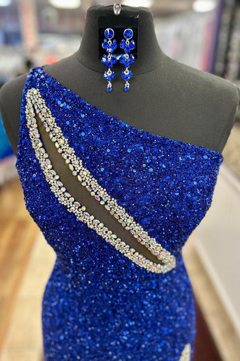 Sparkly Royal Blue One Shoulder Keyhole Long Prom Dress with Slit