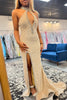 Load image into Gallery viewer, Sparkly Champagne Deep V-Neck Halter Sequins Long Prom Dress with Slit