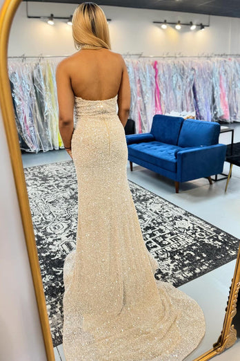 Sparkly Champagne Deep V-Neck Halter Sequins Long Prom Dress with Slit